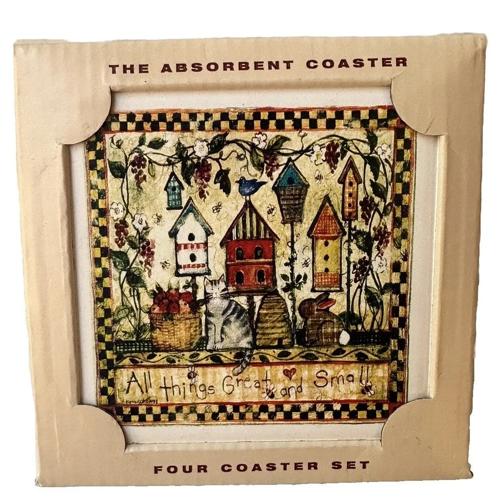 AbsorbaStone Coaster Set All Things Great and Small Birdhouse Cat Stone 4pc NEW